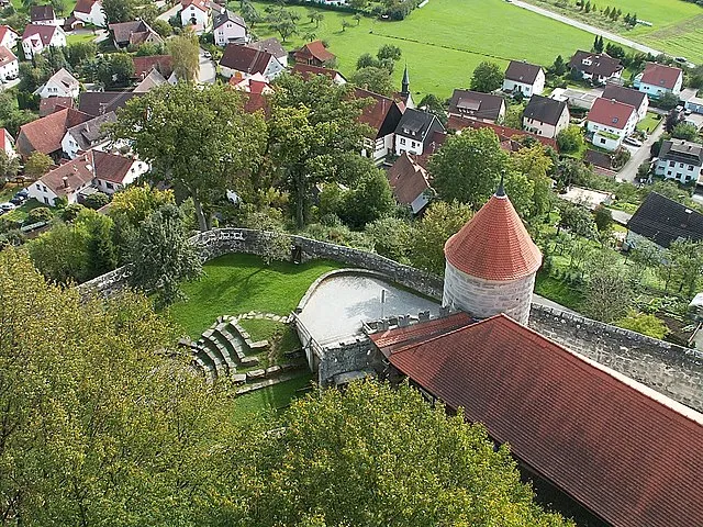 Luftaufnahme von Hüttlingen im Ostalbkreis, eingebettet in die Natur der Schwäbischen Alb mit historischer Architektur.